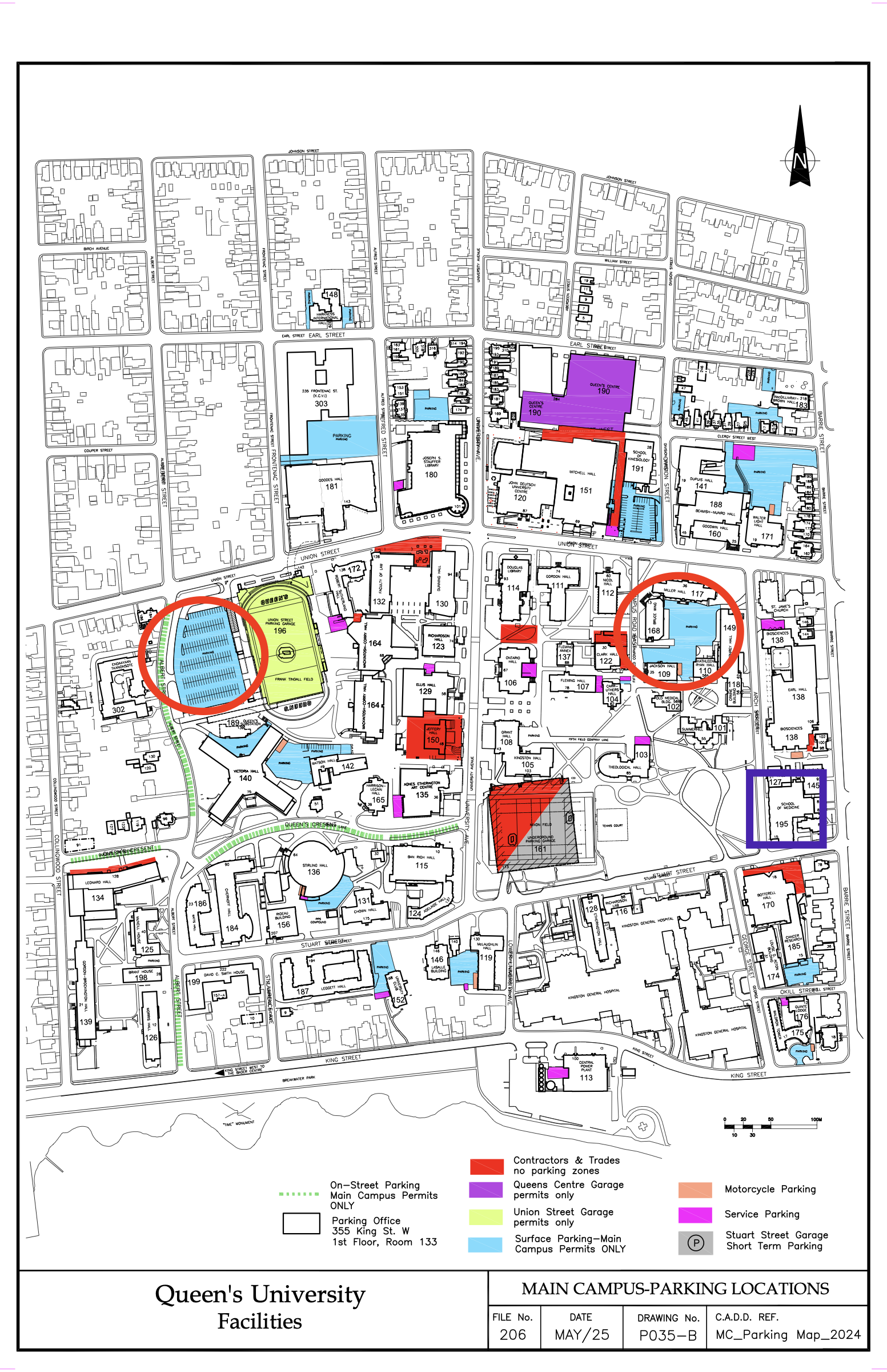 Map of Queen's University showing the School of Medicine Building (outlined in blue) and parking lots (light blue, with red circles around the most accessible options)